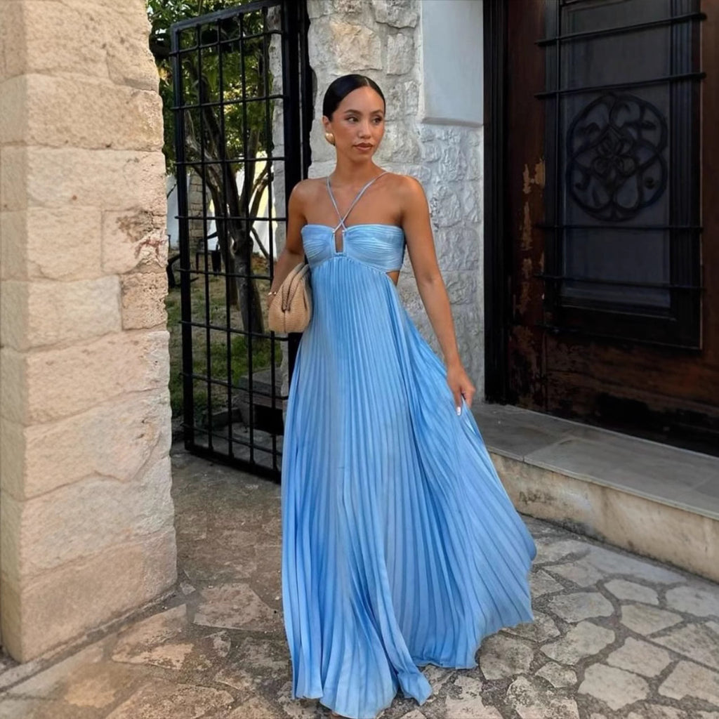 Women's Pleated Sleeveless Halter Dress – Elegant Evening Party Style