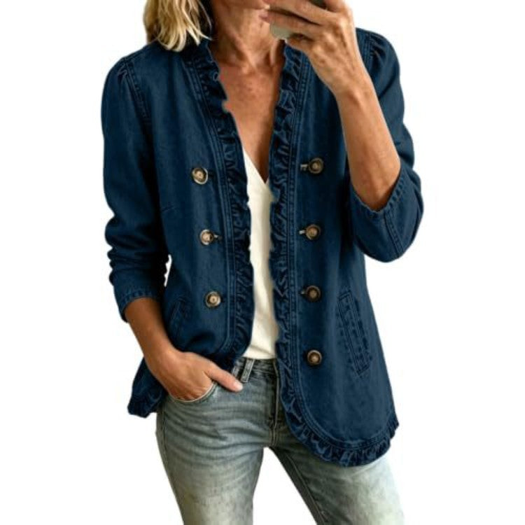 Women's Denim Jacket With Flounced Hem - Soft Casual Button Front Layer