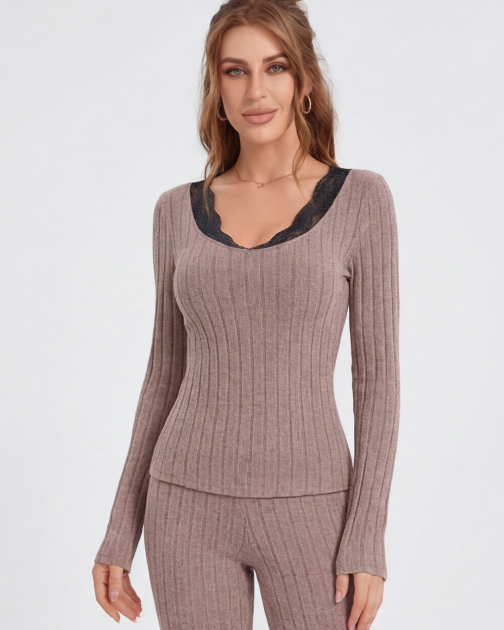 Women’s Ribbed Knit Lounge Set – Slim-Fit Long-Sleeve Top and Pants