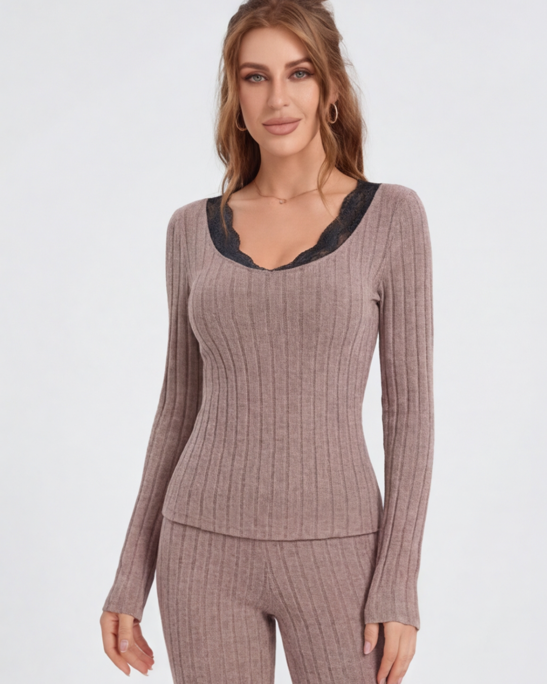 Women’s Ribbed Knit Lounge Set – Slim-Fit Long-Sleeve Top and Pants
