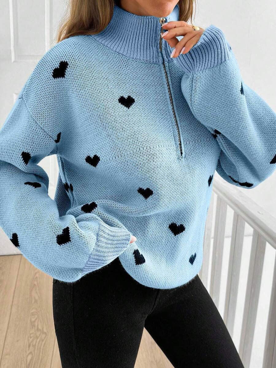 Women’s Heart-Pattern Zip Sweater - Soft and Warm