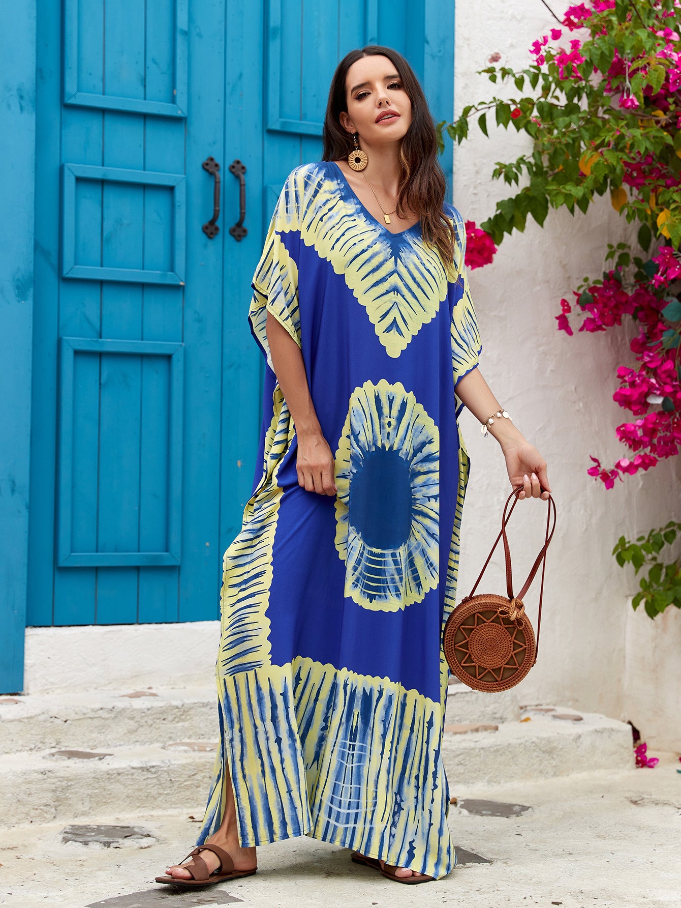 Women's Printed V-Neck Maxi Holiday Dress - Relaxed One Size Daywear