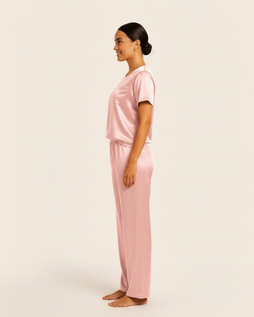 Dames satijnen pyjamaset – Top met korte mouwen en lange broek, zijdezachte pyjamaset