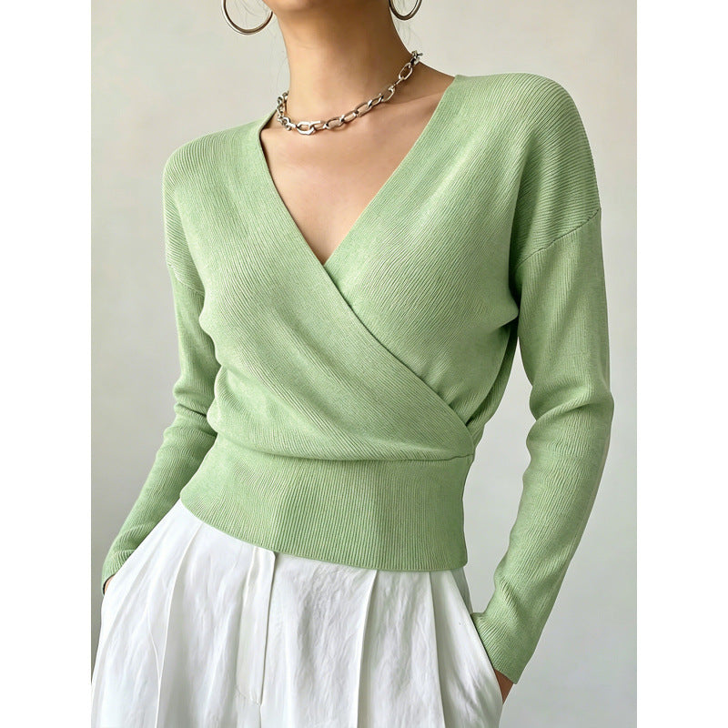 Cross-Neck Waist-Cinching Knit Sweater - Soft and Shaped