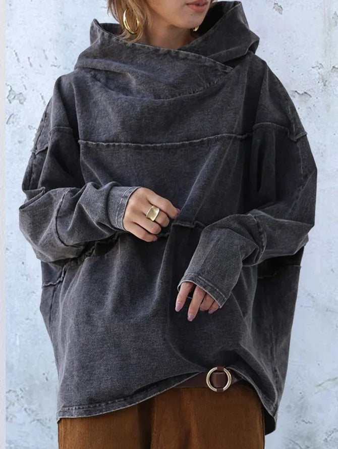 Women's Washed Denim Effect Hoodie - Soft Casual Everyday Layer