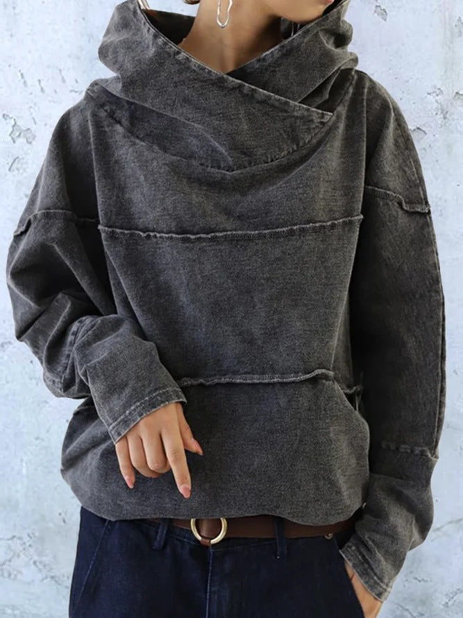 Women's Washed Denim Effect Hoodie - Soft Casual Everyday Layer