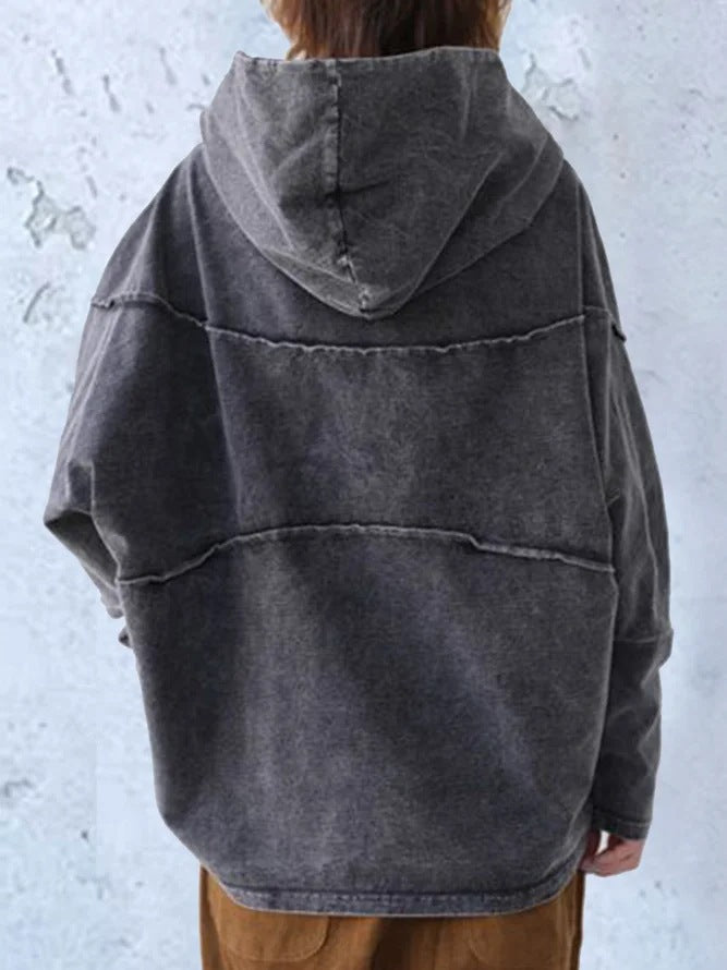 Women's Washed Denim Effect Hoodie - Soft Casual Everyday Layer