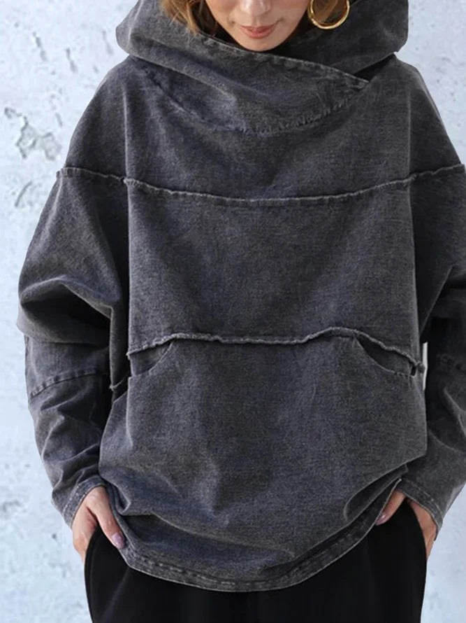 Women's Washed Denim Effect Hoodie - Soft Casual Everyday Layer