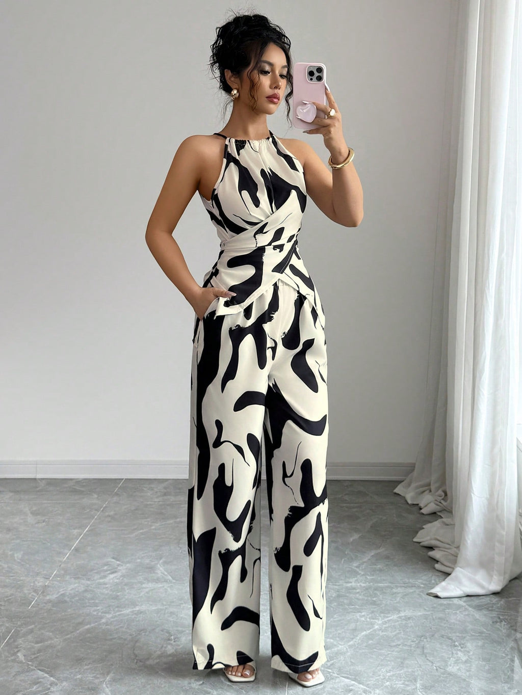 Women's Halter Jumpsuit - Black and White Printed Summer One-Piece