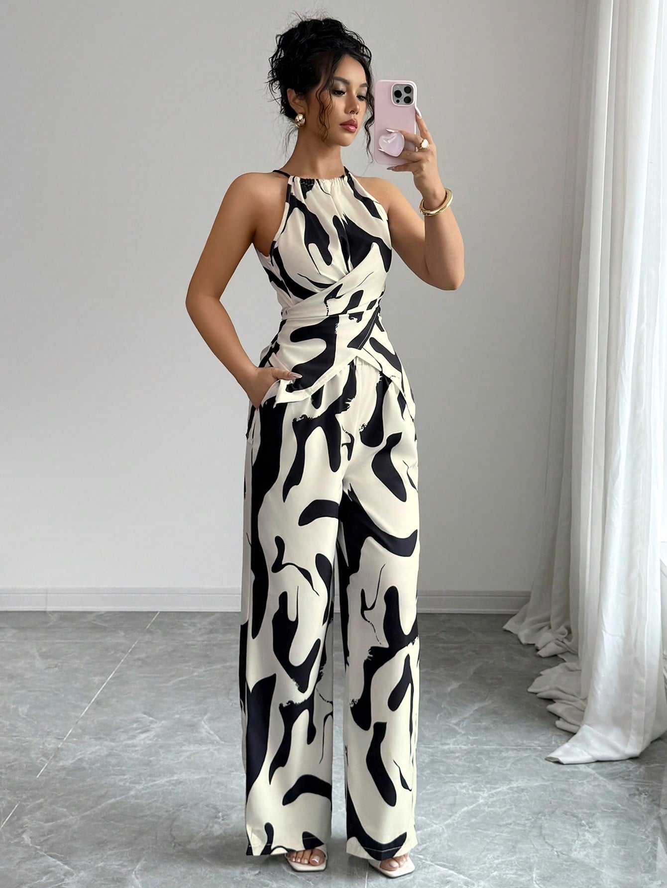 Women's Halter Jumpsuit - Black and White Printed Summer One-Piece