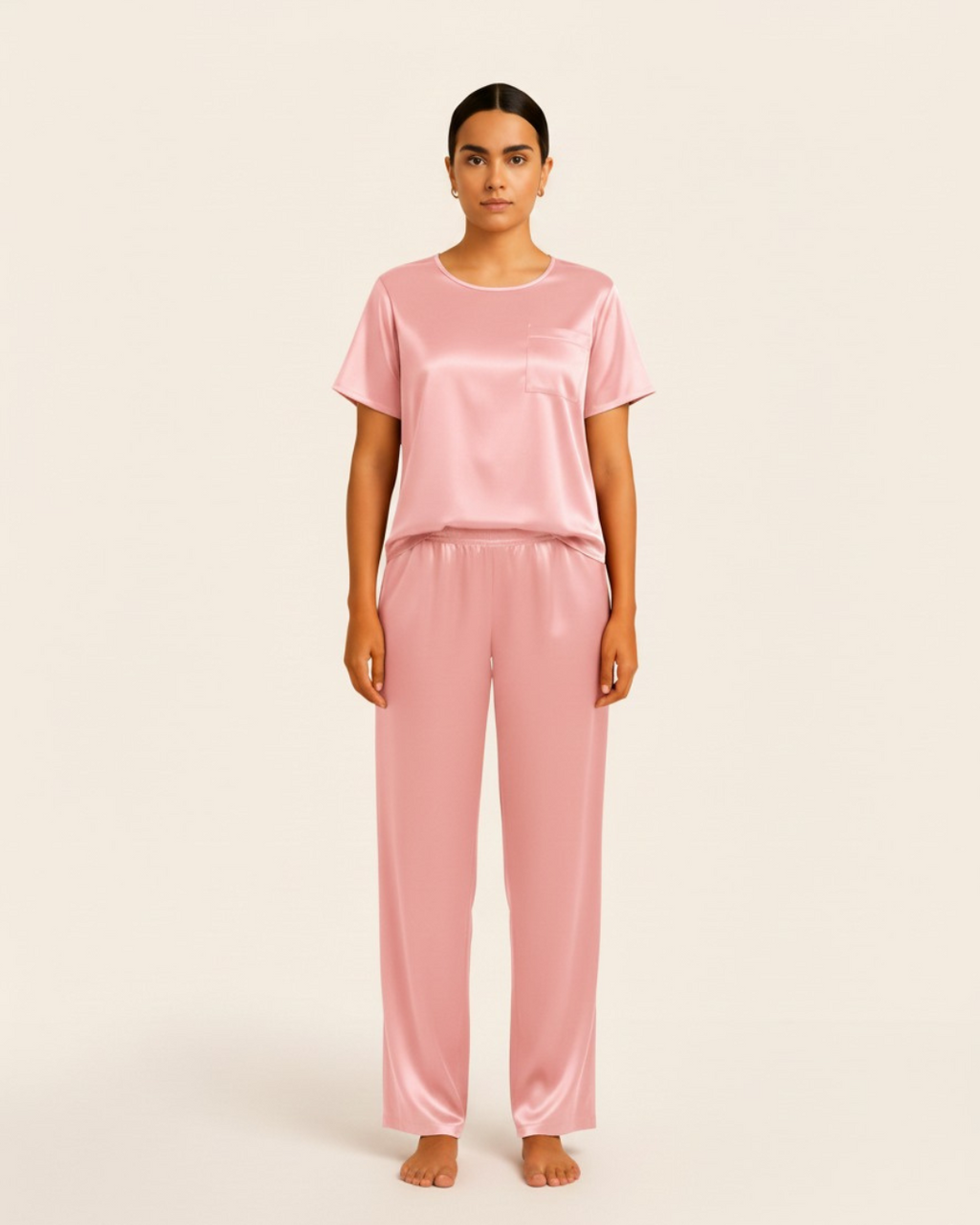 Dames satijnen pyjamaset – Top met korte mouwen en lange broek, zijdezachte pyjamaset