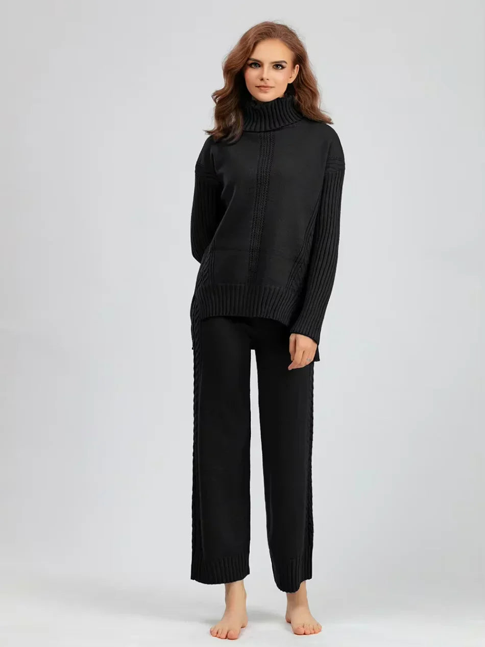 Women’s Turtleneck Sweater and Wide Leg Pants Set – Chic Comfortable Outfit