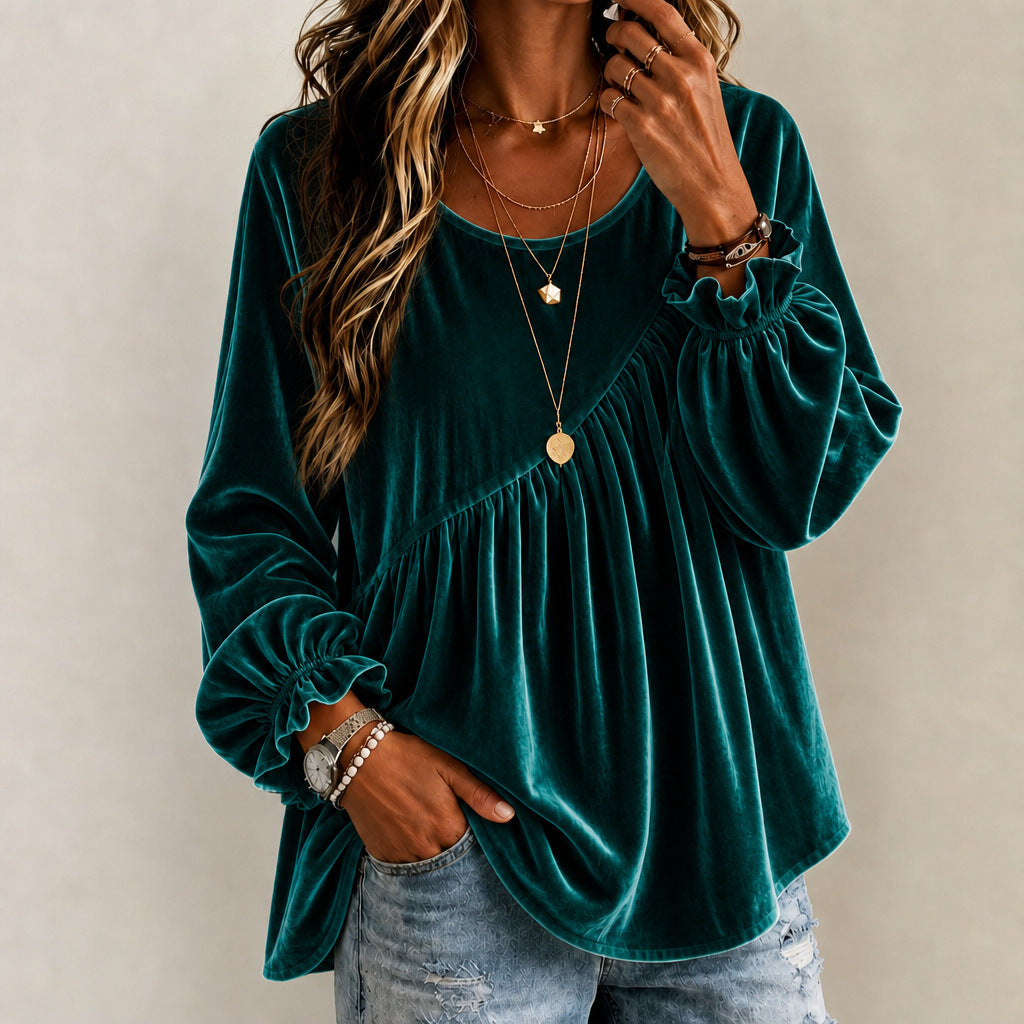 Women’s Velvet Crew Neck Ruffle Top – Relaxed Fit Elegant Style