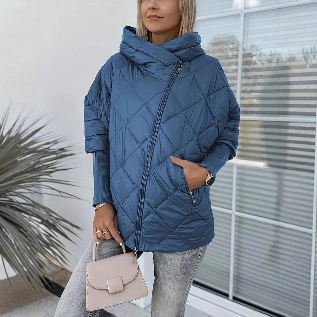Women’s Hooded Zip-Up Puffer Jacket – Chic Patchwork Warm Winter Style