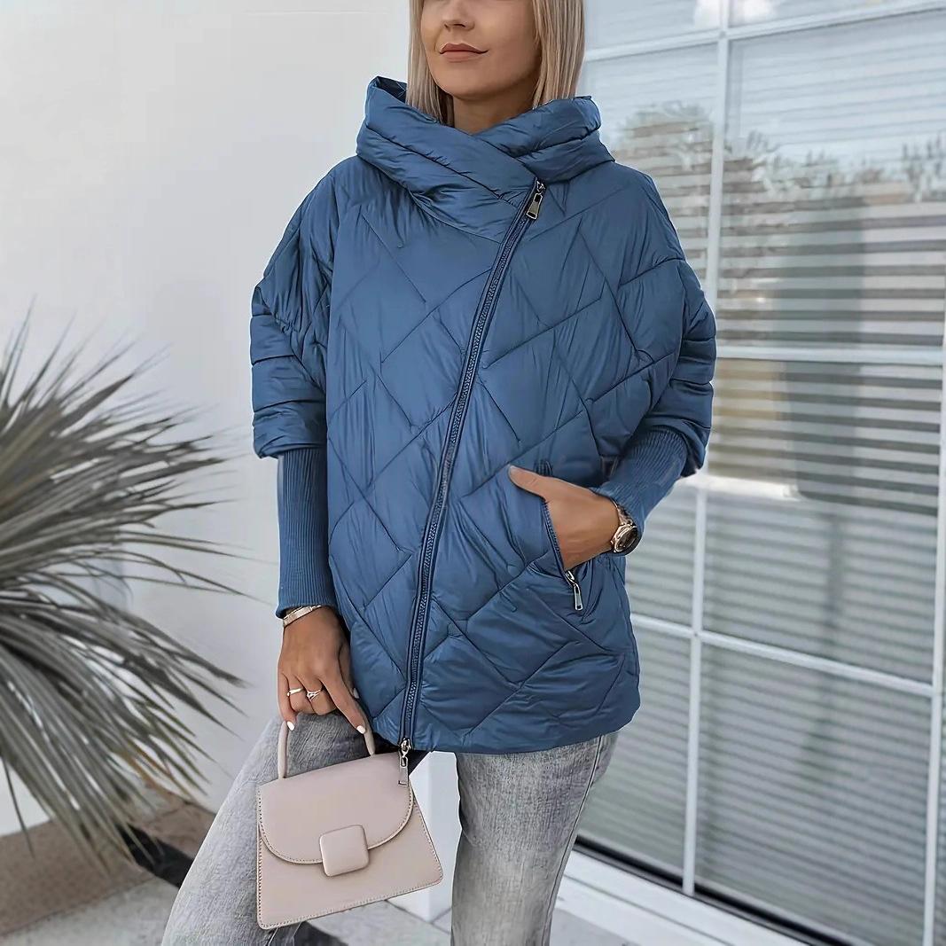 Women’s Hooded Zip-Up Puffer Jacket – Chic Patchwork Warm Winter Style