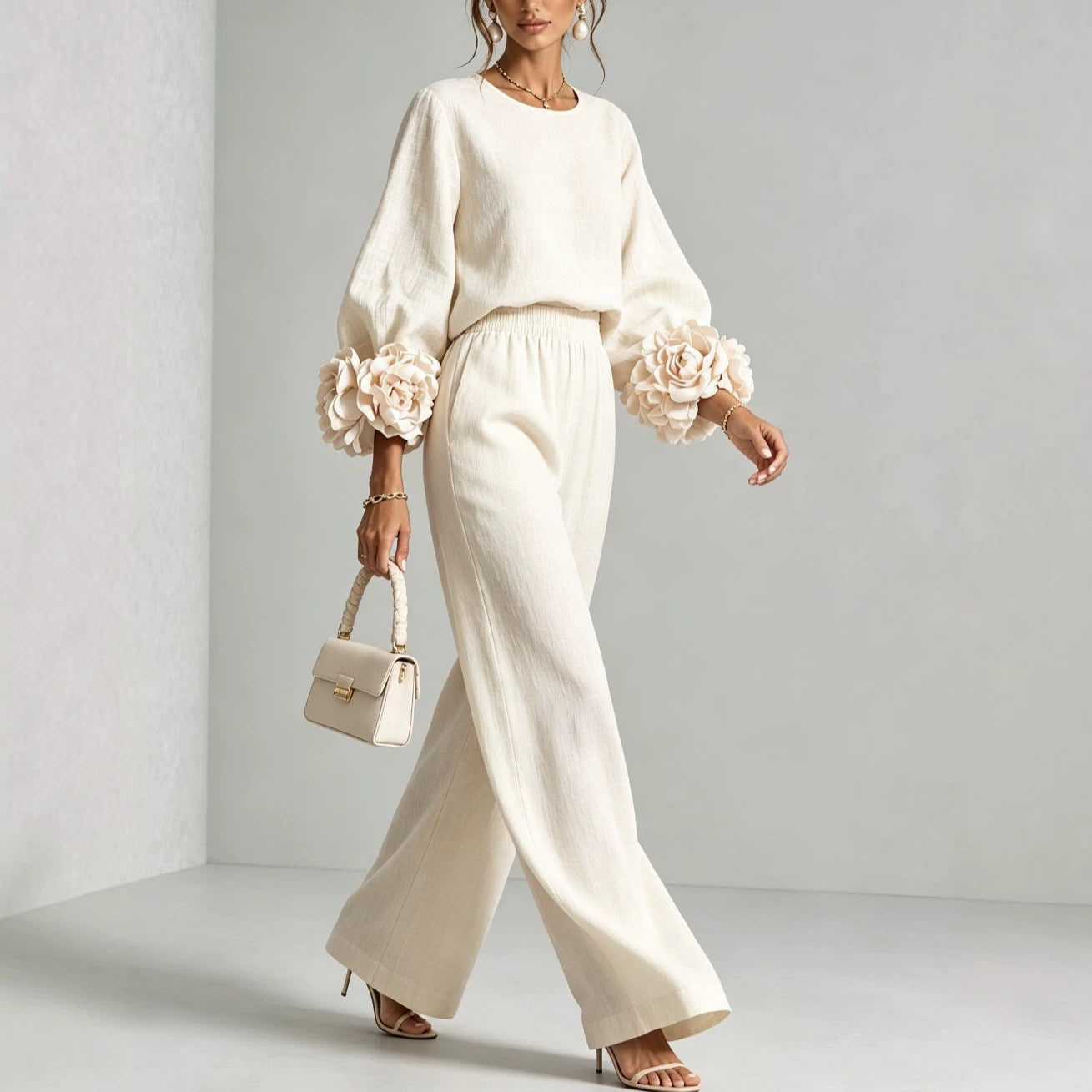 Women's Floral Cuff Two Piece Set - Relaxed Wide Leg Lounge Outfit