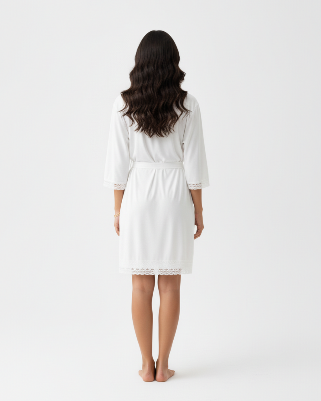 Women’s White Kimono Robe – Short Lace Trim Bathrobe with Belt, Lightweight Bridal & Lounge Wear