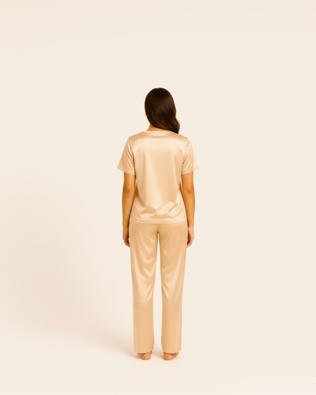 Dames satijnen pyjamaset – Top met korte mouwen en lange broek, zijdezachte pyjamaset