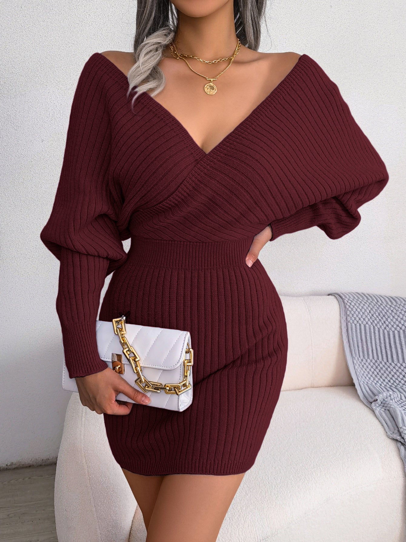 Women's Mini Sweater Dress - Cross V-Neck Batwing Sleeve Bodycon Knit