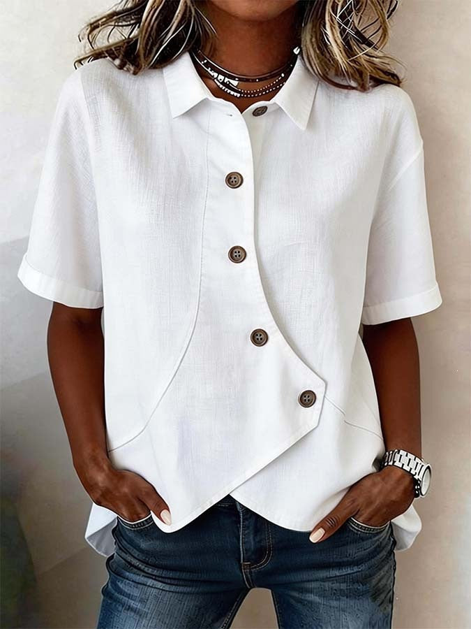Women's Irregular-Button Blouse – Relaxed Short-Sleeve Everyday Top