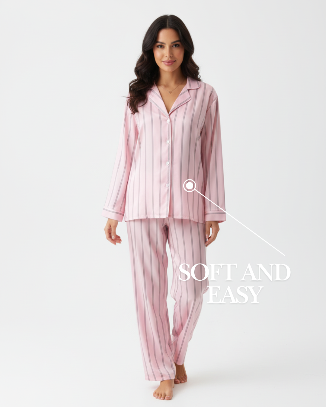 Damespyjamaset met lange mouwen – Roze gestreepte nachtkleding met top en broek met knoopjes