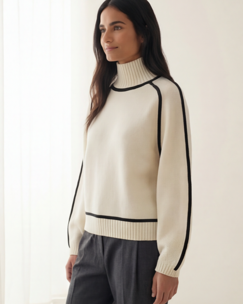 Women’s Warm Turtleneck Sweater – Casual Color-Block Knit for Fall and Winter