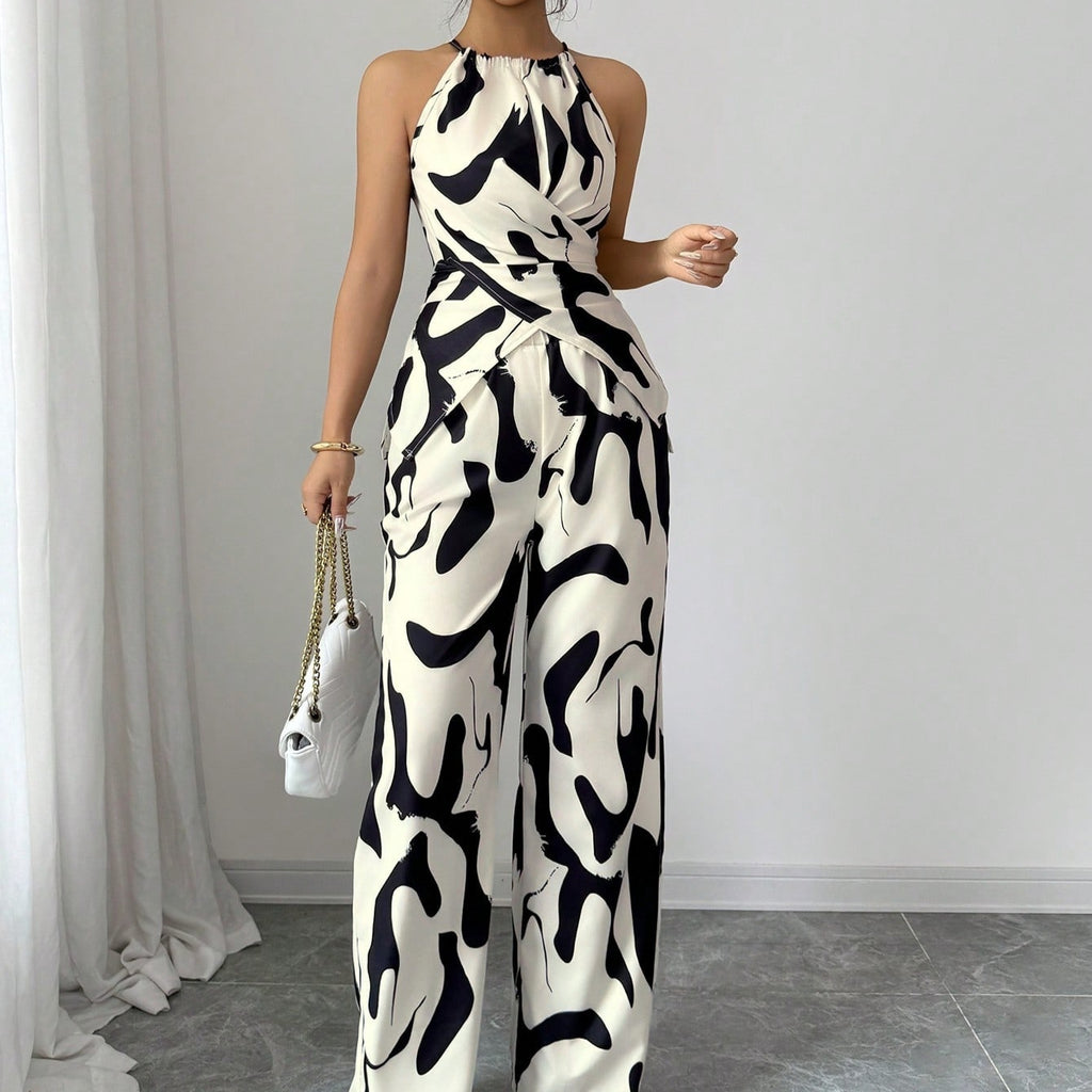Women's Halter Jumpsuit - Black and White Printed Summer One-Piece