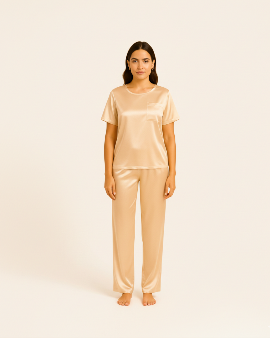Dames satijnen pyjamaset – Top met korte mouwen en lange broek, zijdezachte pyjamaset