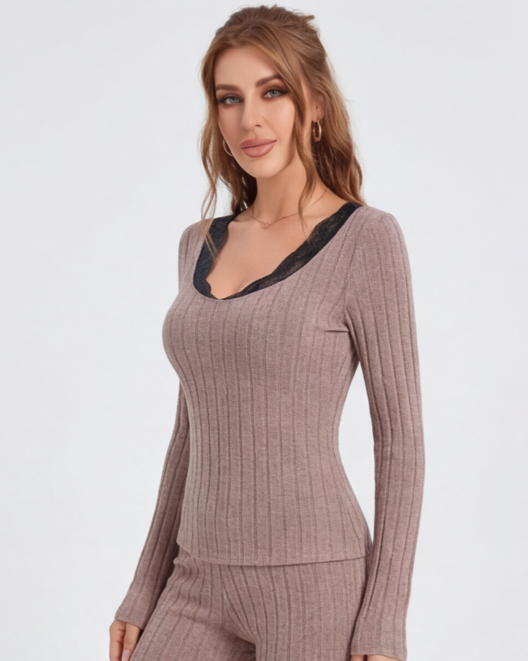 Women’s Ribbed Knit Lounge Set – Slim-Fit Long-Sleeve Top and Pants