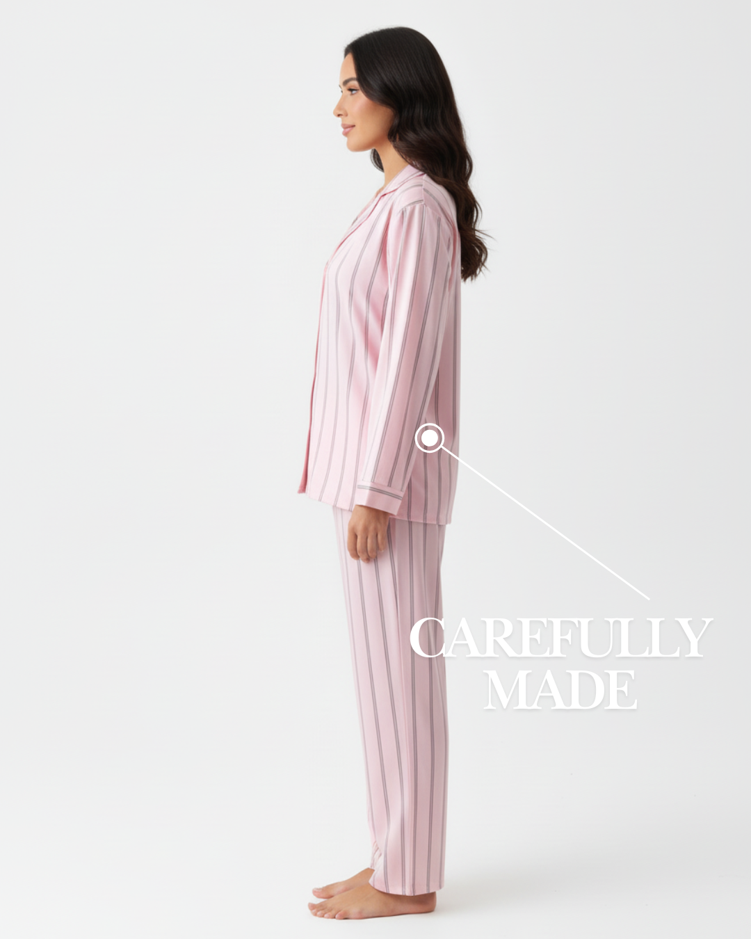 Damespyjamaset met lange mouwen – Roze gestreepte nachtkleding met top en broek met knoopjes