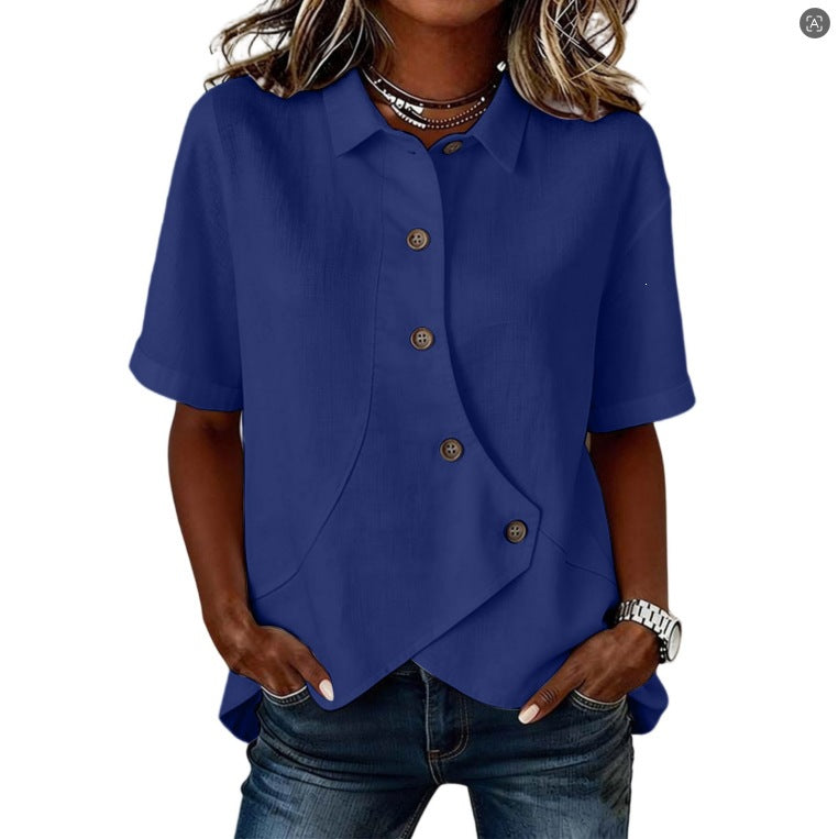 Women's Irregular-Button Blouse – Relaxed Short-Sleeve Everyday Top
