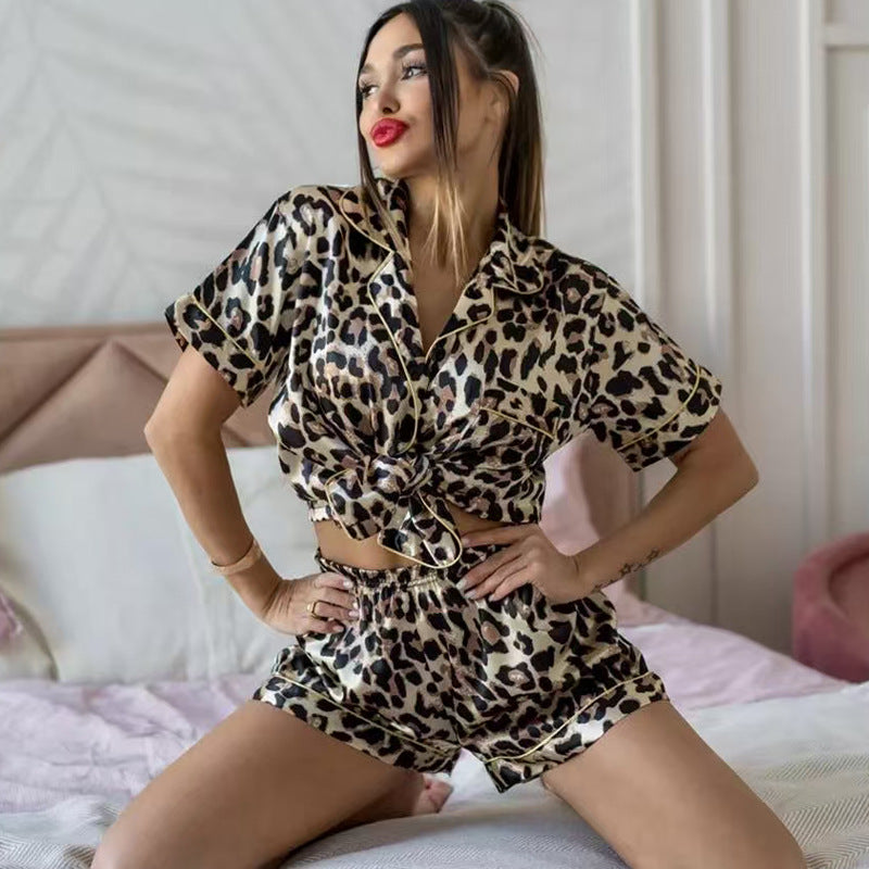 Women’s Leopard-Print Pajamas – Ice Silk and Faux Silk Comfortable Set
