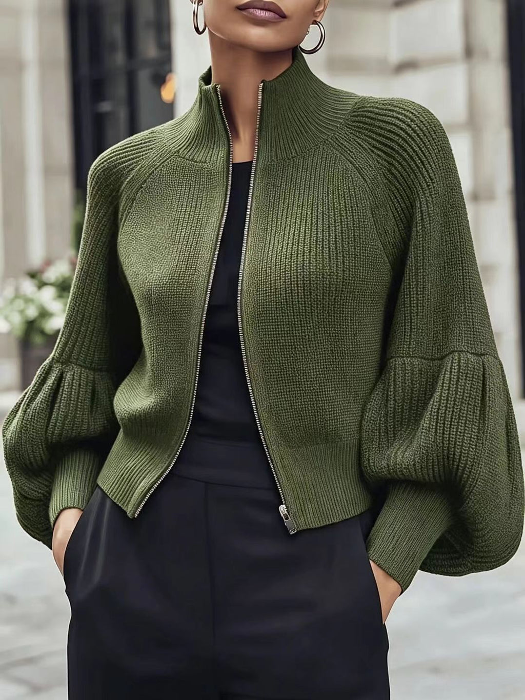 Fluffy Lantern-Sleeve Textured Sweater - Soft and Cozy