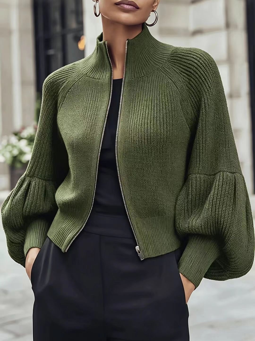 Fluffy Lantern-Sleeve Textured Sweater - Soft and Cozy