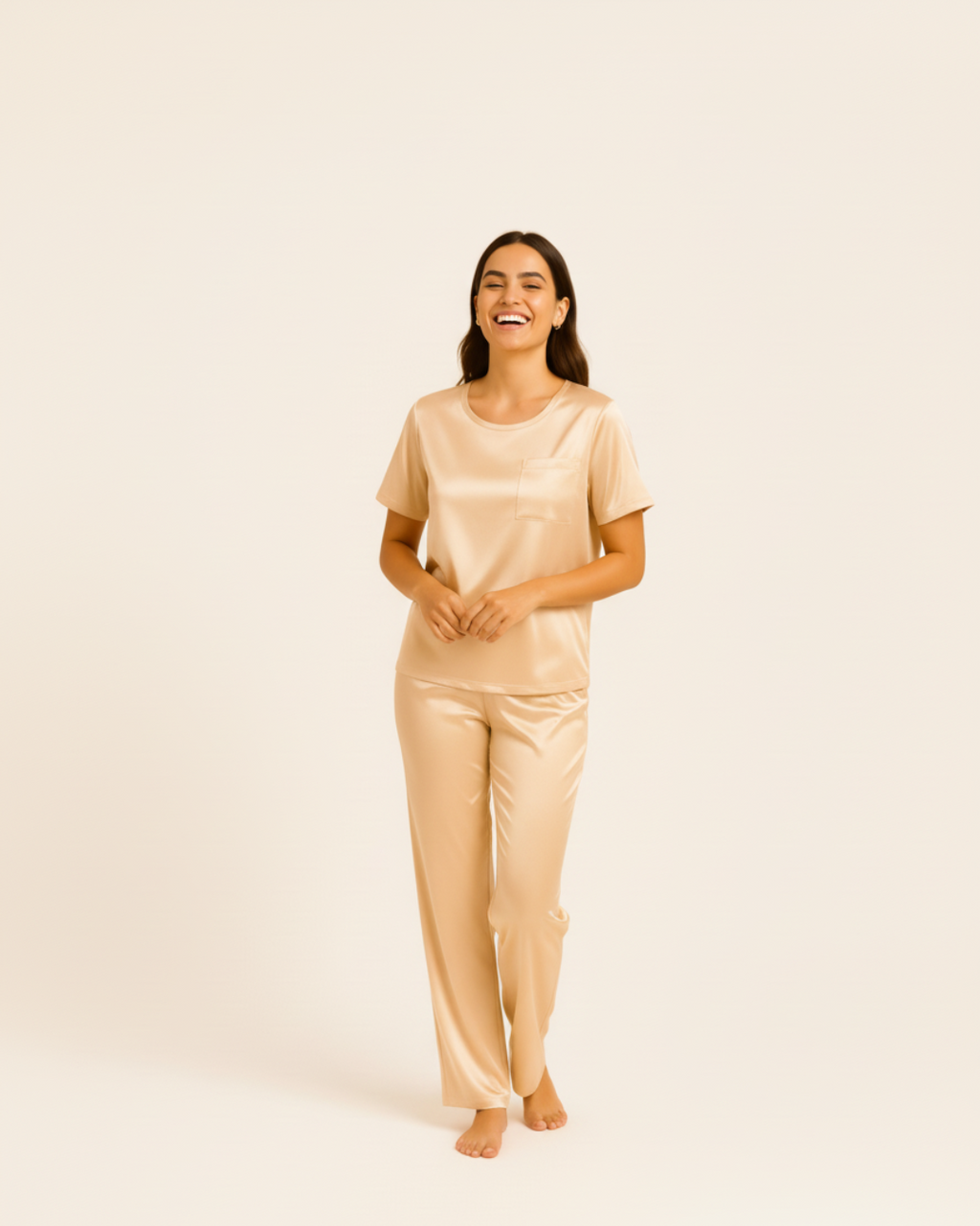 Dames satijnen pyjamaset – Top met korte mouwen en lange broek, zijdezachte pyjamaset