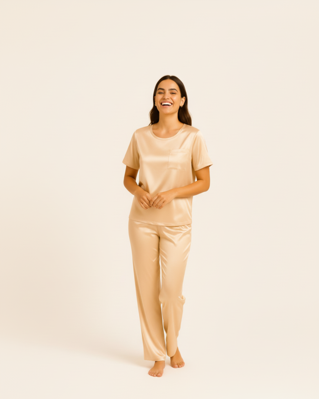 Dames satijnen pyjamaset – Top met korte mouwen en lange broek, zijdezachte pyjamaset