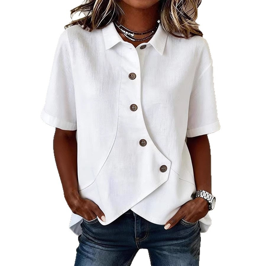 Women's Irregular-Button Blouse – Relaxed Short-Sleeve Everyday Top