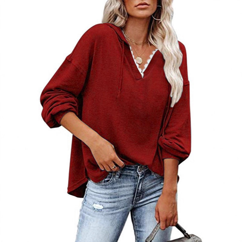 Women's Hooded Lace Sweatshirt - V-Neck Long Sleeve Casual Pullover