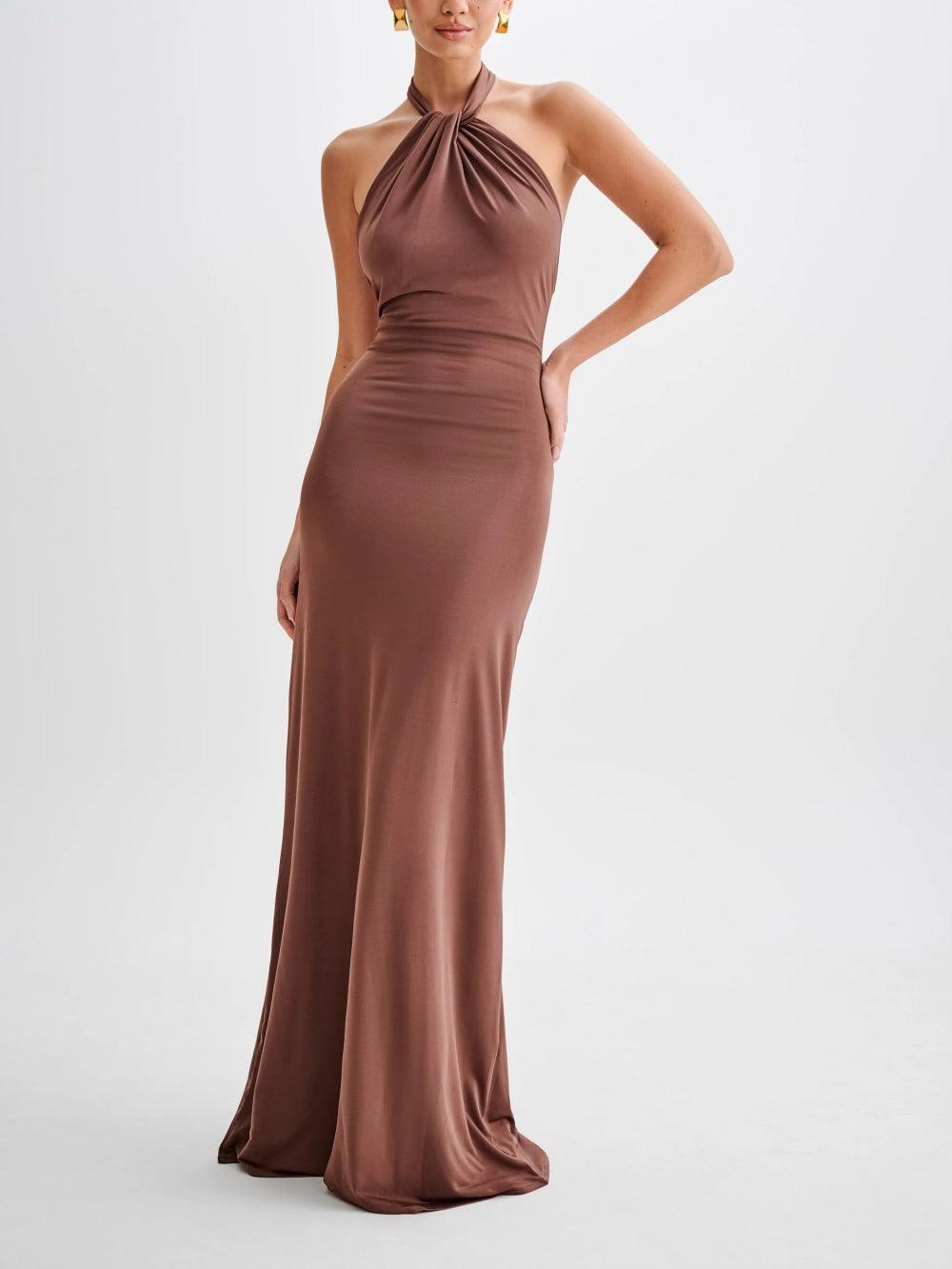 Women's Halter Maxi Dress – Ruched Detail Elegant Occasion Dress