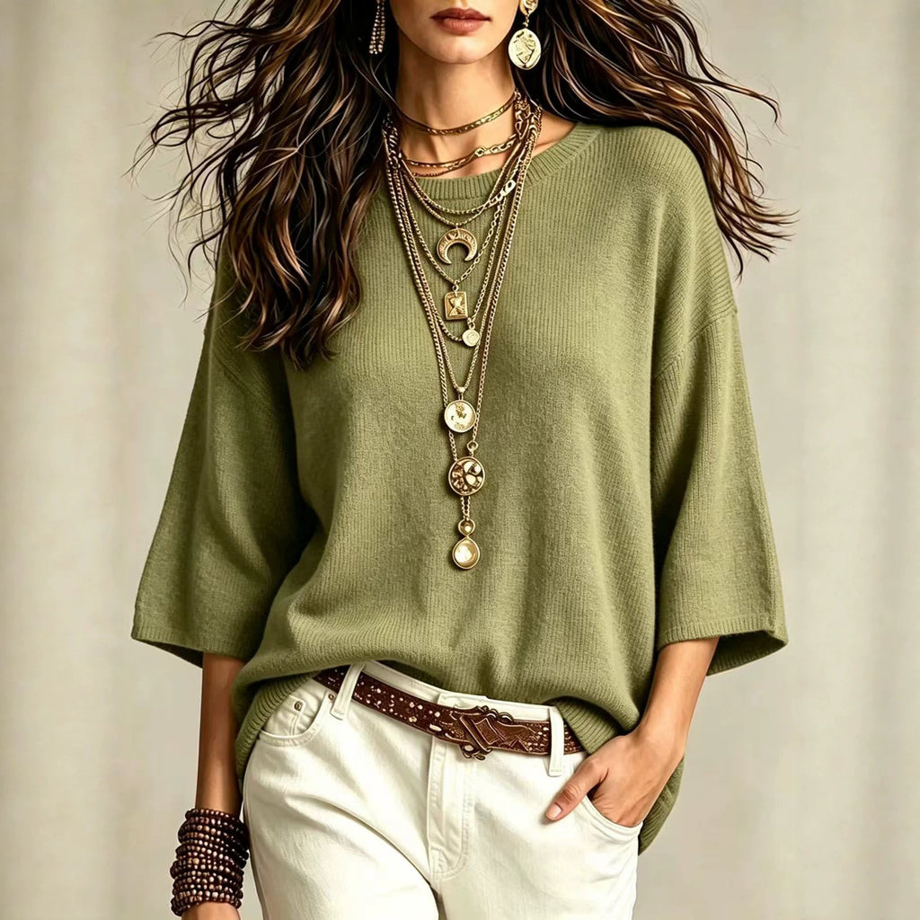 Women's Relaxed Sweater - Wide Sleeves and Crew Neck