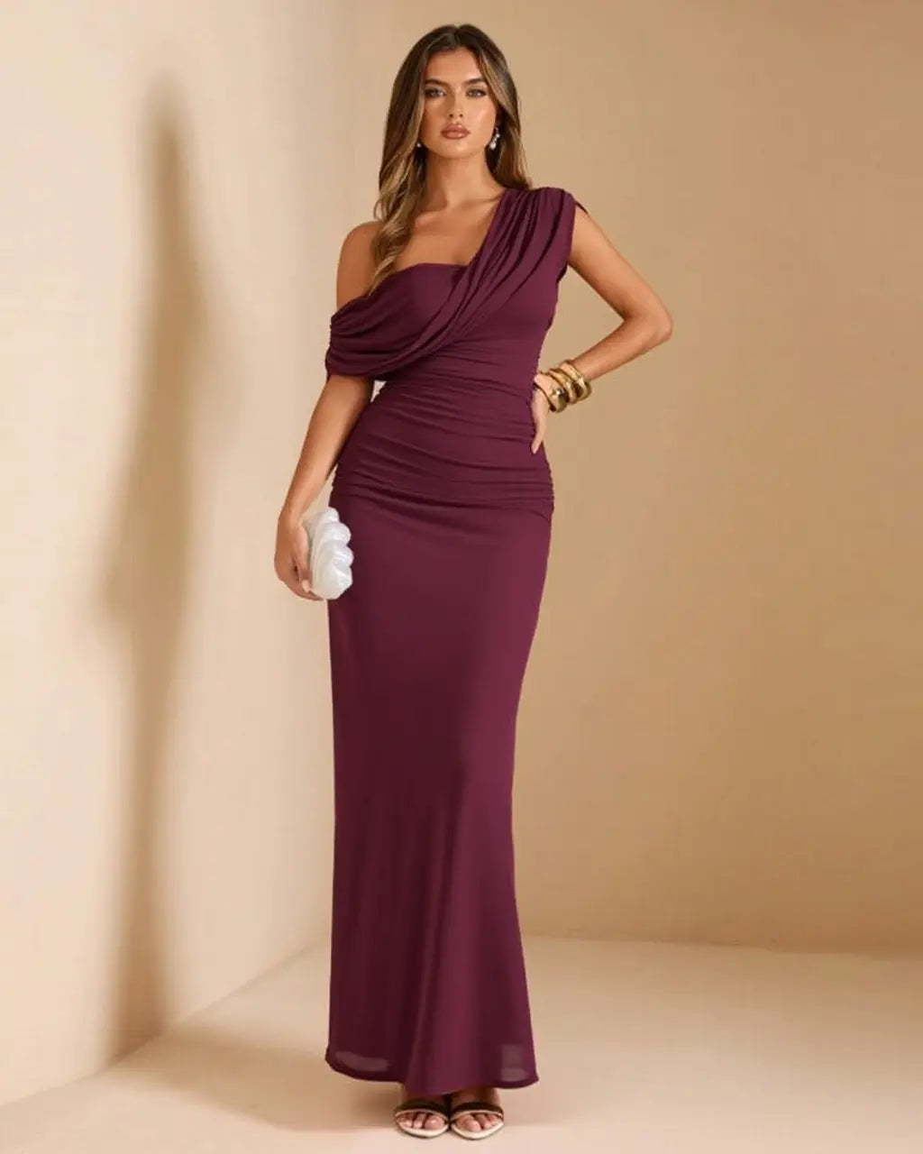 Women's One Shoulder Ruched Fit Maxi Dress - Elegant Evening Shape
