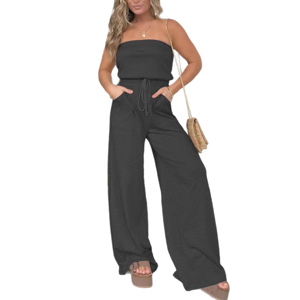 Women’s Striped Tube Top Wide-Leg Jumpsuit – Casual Summer Vacation Style