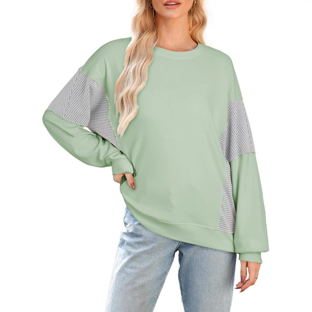 Women’s Color-Blocked Striped Sweatshirt – Casual Crew-Neck Long-Sleeve Sweater