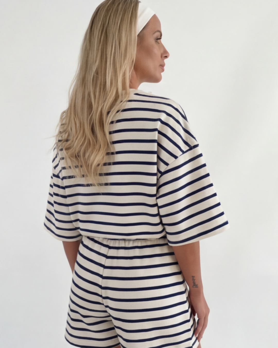 Women’s Striped Cotton Loungewear Set – Loose Fit Round Neck Top and Shorts