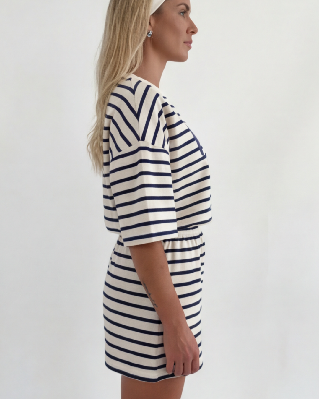Women’s Striped Cotton Loungewear Set – Loose Fit Round Neck Top and Shorts