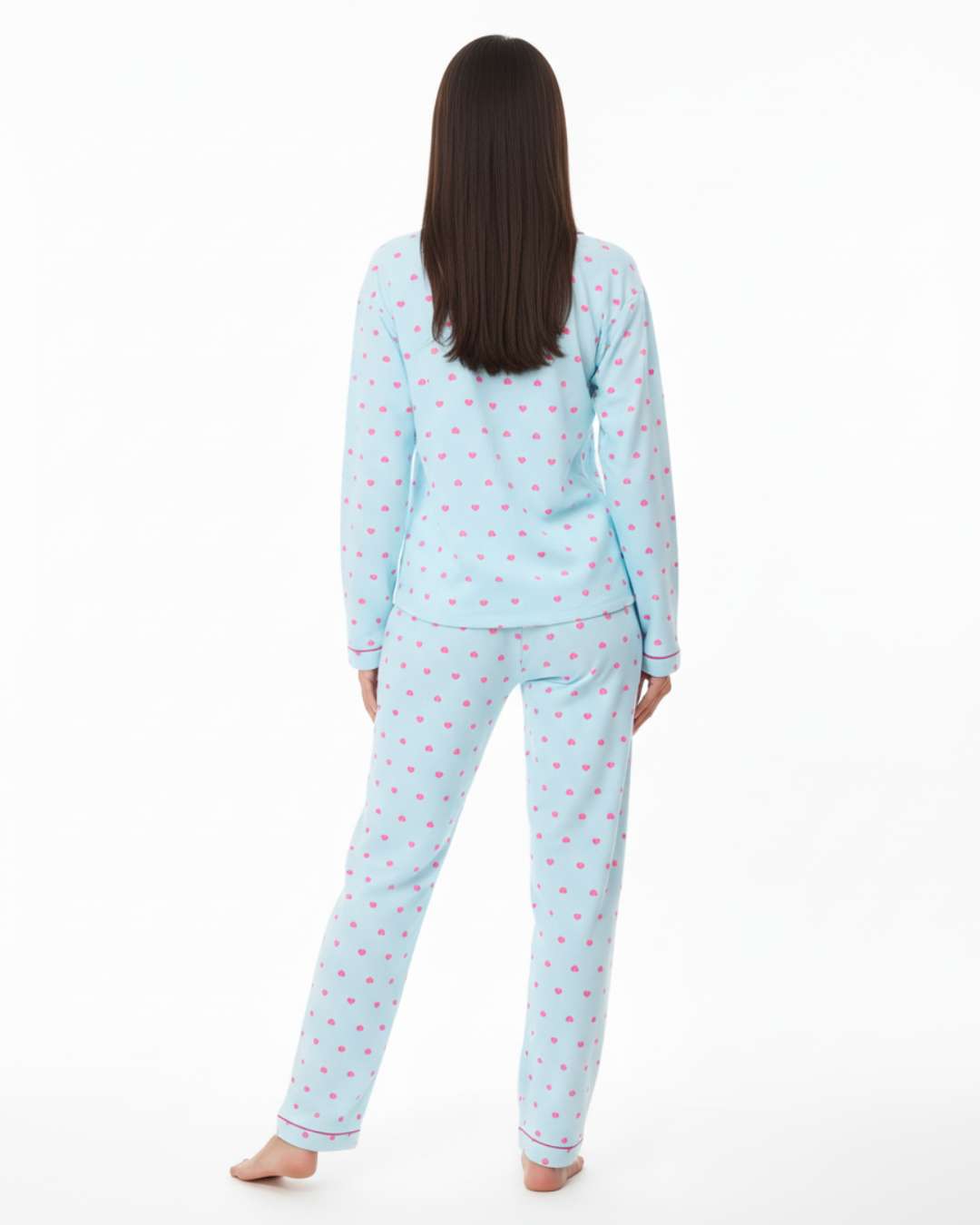 Damespyjamaset met blauwe hartjesprint – top met lange mouwen en knoopsluiting en broek