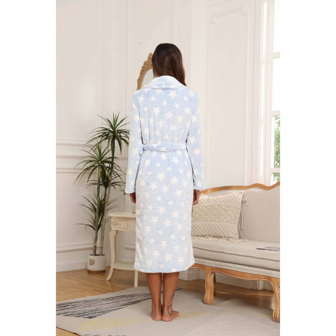 Women’s Star-Pattern Blue Fleece Bathrobe – Lightweight Cozy Spa and Home Robe