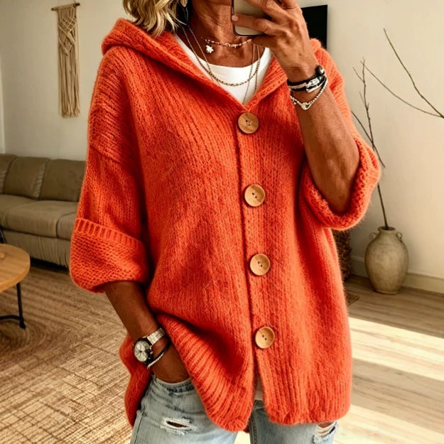 Women’s Solid Color Hooded Cardigan Sweater – Long Sleeve Button-Down Knit Casual Everyday Style