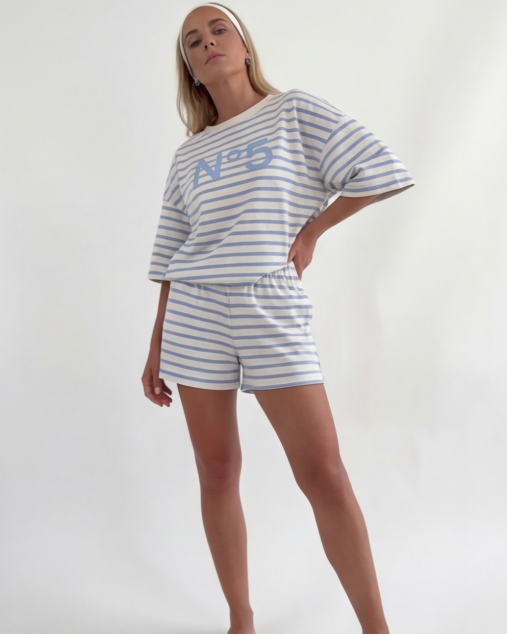 Women’s Striped Cotton Loungewear Set – Loose Fit Round Neck Top and Shorts
