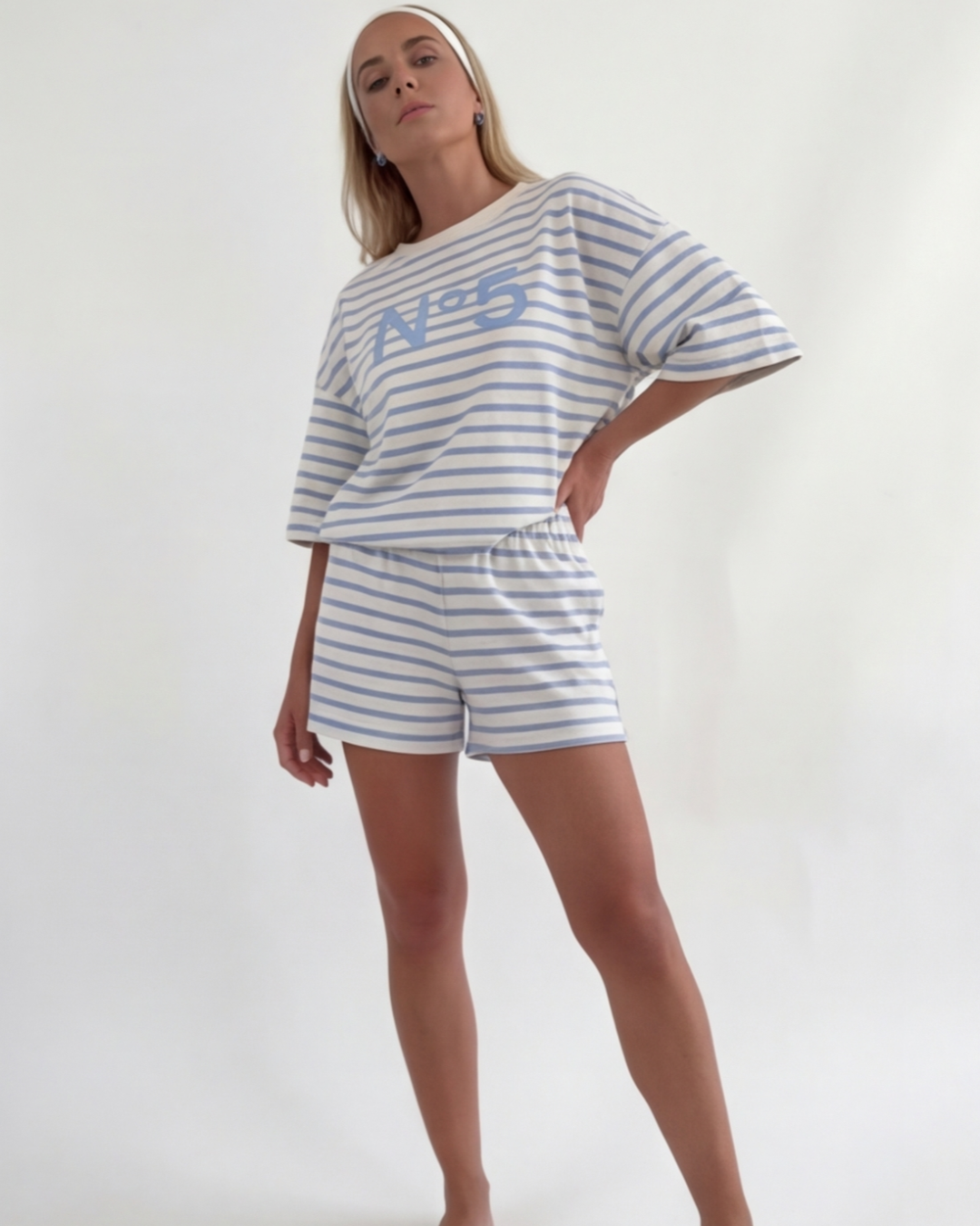 Women’s Striped Cotton Loungewear Set – Loose Fit Round Neck Top and Shorts